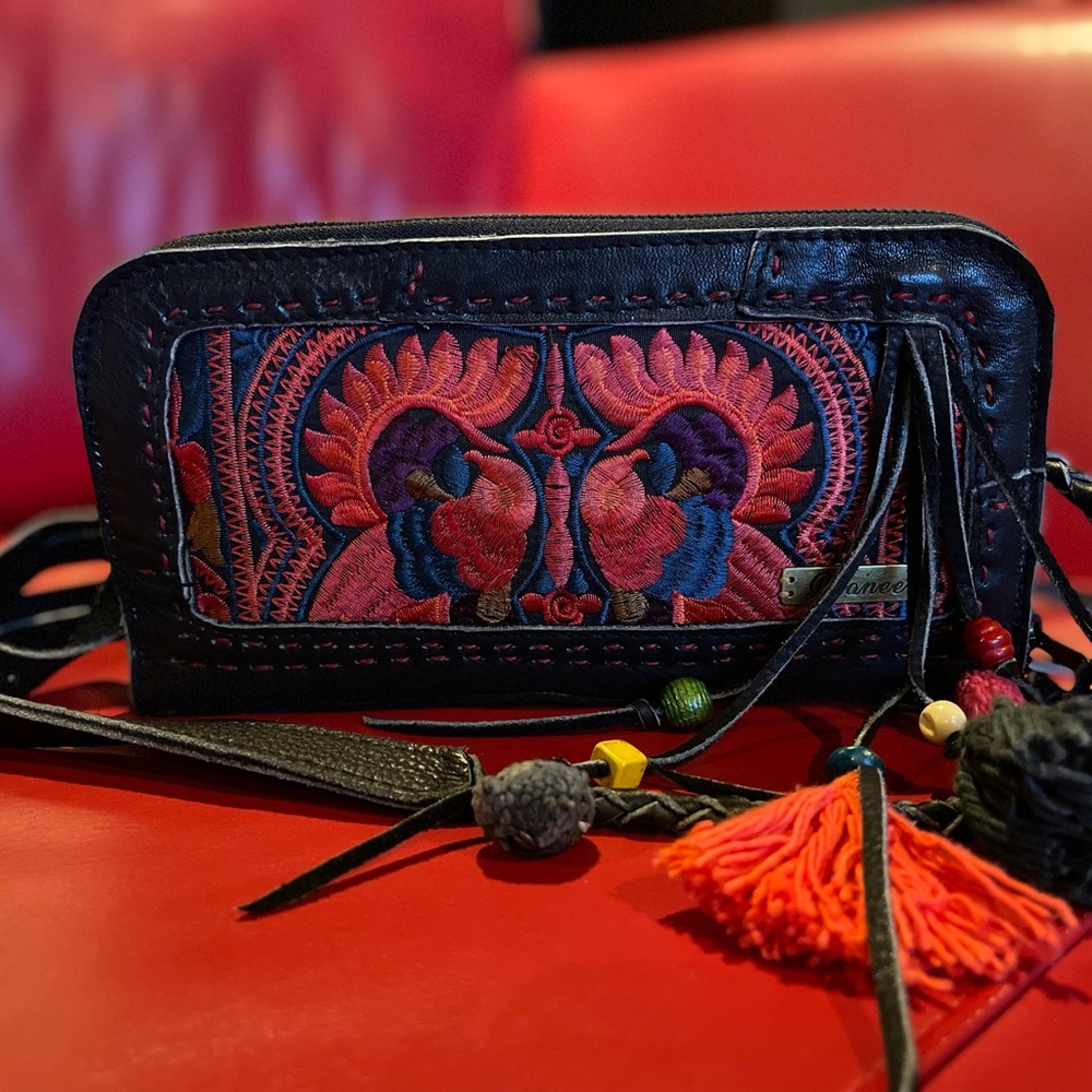 Elegant Black and Red Embroidered Crossbody Bag